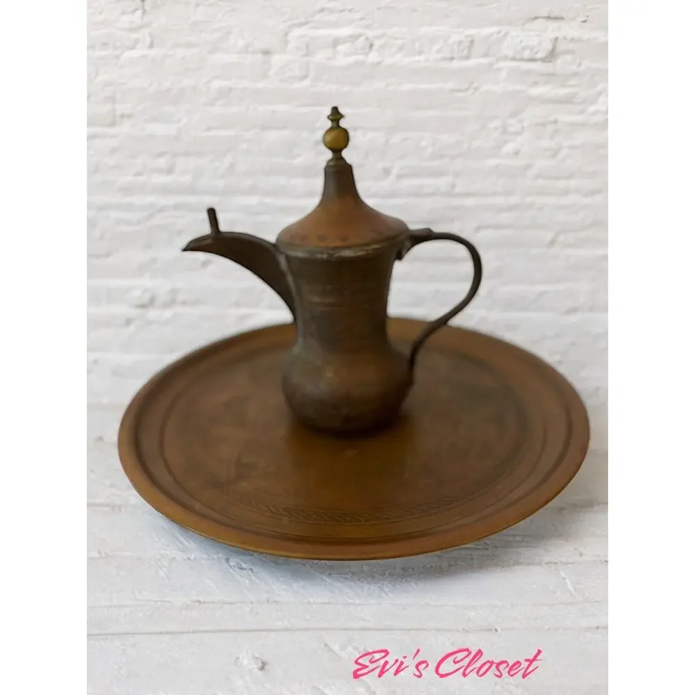 Copper Dallah Coffee Pot Maker And Serving Plate Middle Eastern Moroccan